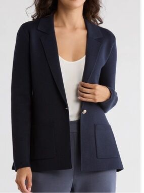 New Tahari Single-Button Cardigan Knit Navy patch pocket Blazer Sz xlg nwt